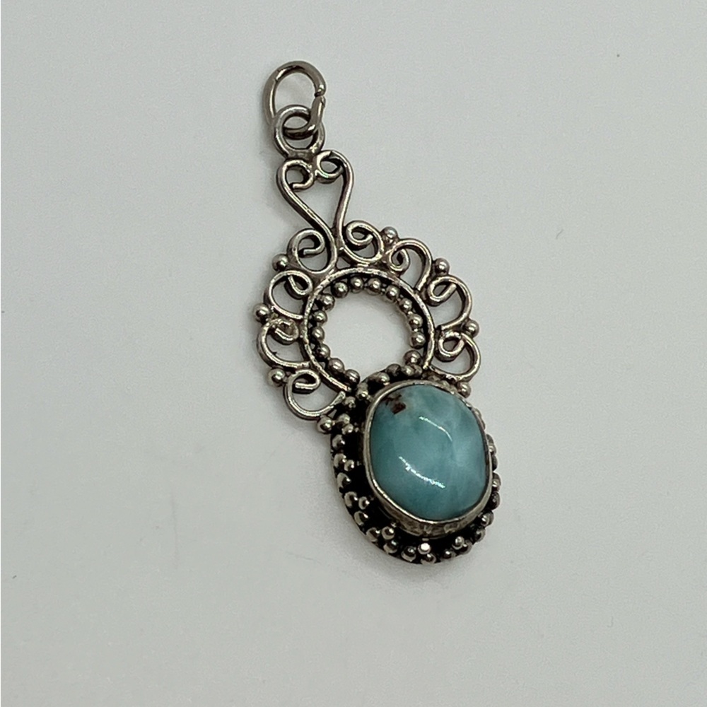 Vtg 925 Sterling Silver Larimar Stone Filigree Boho Style Large Charm / Pendant